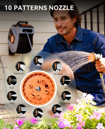 SUNPOW Retractable Garden Hose Reel - 1/2 inch x 50ft Wall Mounted Hose Reel with 3/4 inch Brass Fitting & 10 Function Sprayer Nozzle - Any Length Lock, Auto Rewind System, 180°Swivel Bracket - Grey