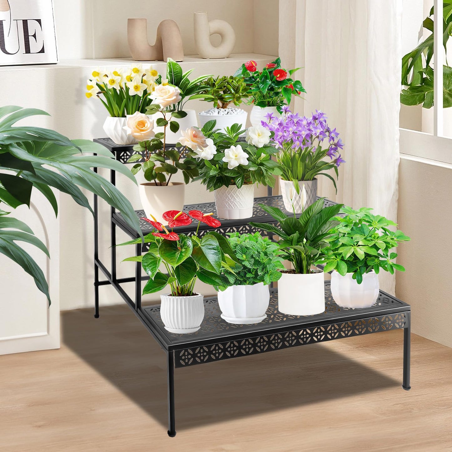 Meyoppm 3 Tier Metal Plant Stand, Ladder Flower Pot Holder Plant Stands, Tiered Plant Stand Outdoor Storage Organizer Rack for Home Garden Patio Balcony