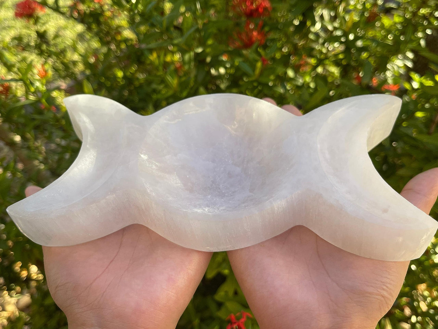 GAF TREASURES 8" Triple Moon Selenite Bowl, Gemstone Carved Selenite Crystal, Meditation Bowl, Reiki Bowl, Jewelry Holder, Crown Chakra, Cleansing, Charging, Healing