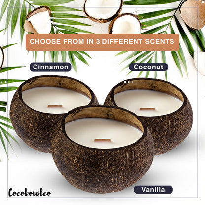 Cocobowlco Soy Coconut Candle - Vanilla Scent, Wood Wick, Real Coconut Shell, Eco-Friendly, 45+ Hours Burn Time