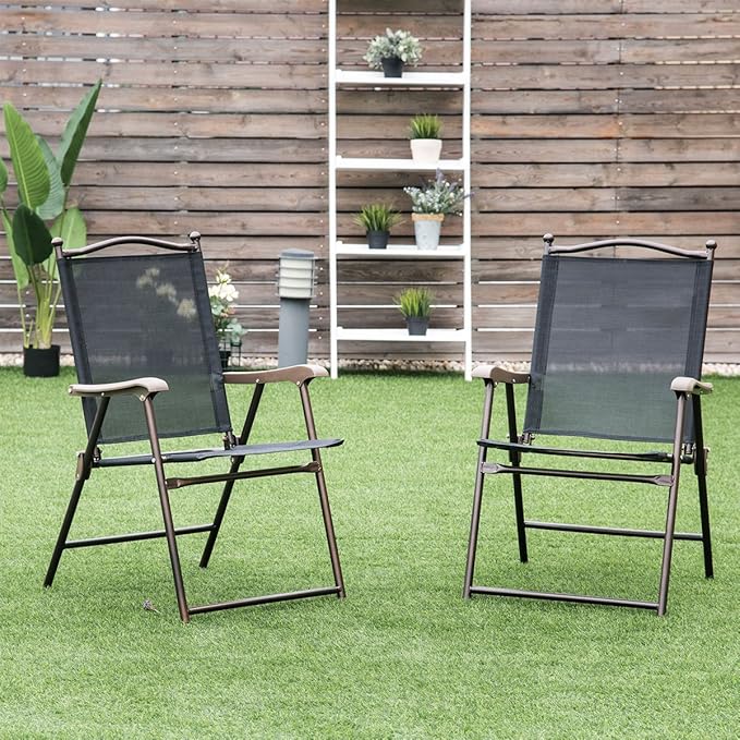 Giantex Set of 2 Patio Folding Chairs, Outdoor Patio Dining Chairs w/Armrest, Sling Back, Metal Frame, Outside Use for Lawn Camping Garden Pool Beach Yard Lounge, No Assembly, Black