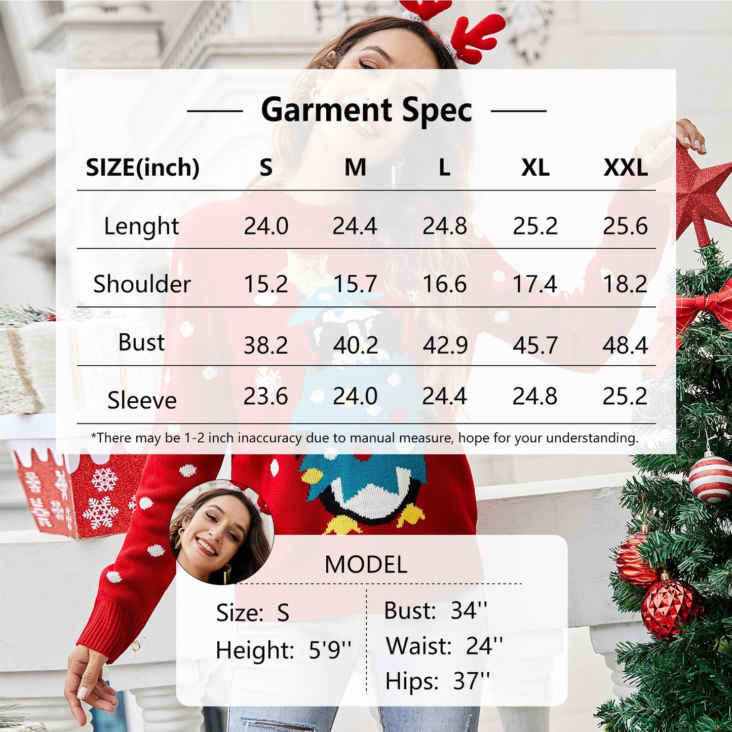 IFFEI Womens Ugly Christmas Sweater Novelty Print Crew Neck Sweater Penguin-Red M