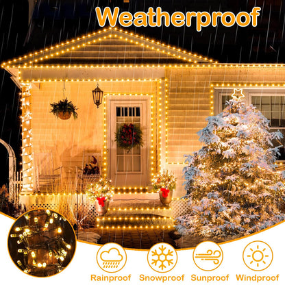 Decute 300LED Christmas String Lights Outdoor Waterproof 105FT UL Certified with End-to-End Plug 8 Modes, Warm White Indoor Starry Fairy Lights for Christmas Tree Patio Garden Wedding Party Decor