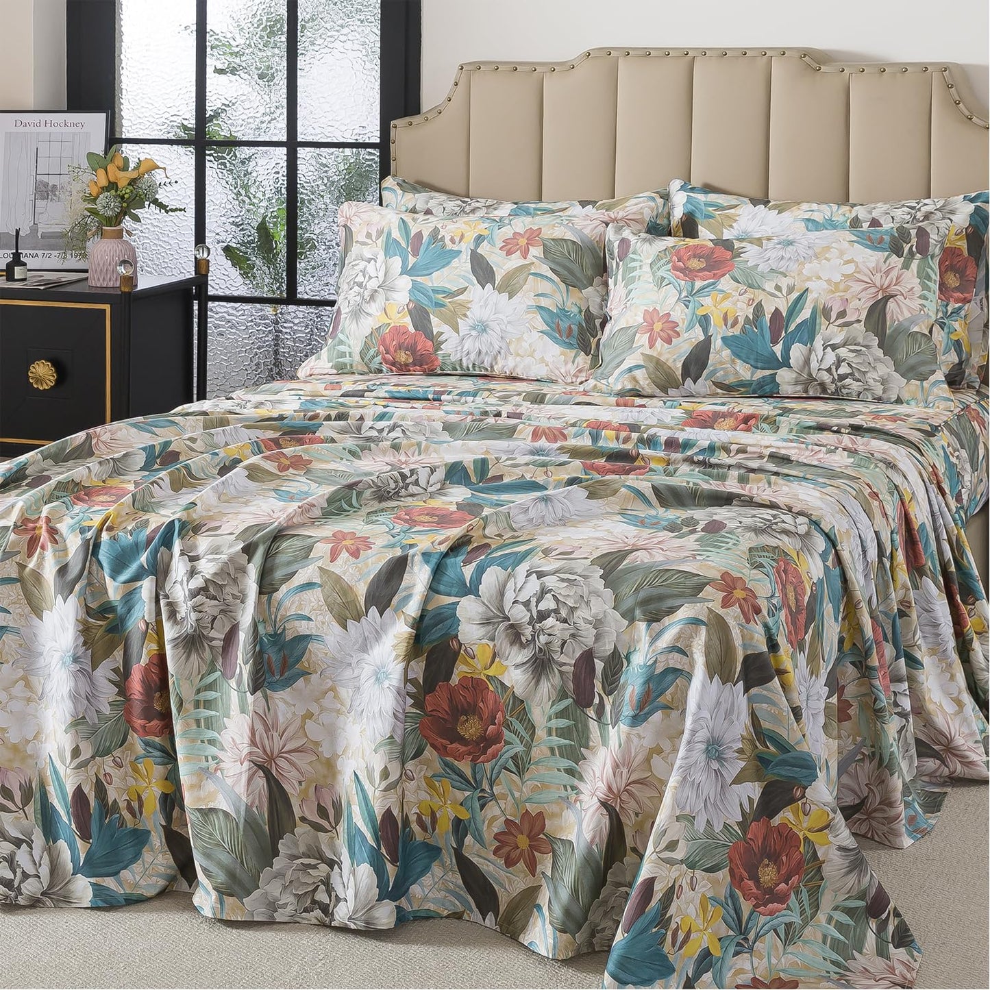 FADFAY Queen Sheet Set, 100% Cotton Sateen Soft Breathable, Luxury Vintage Floral Bed Sheets, Elegant Large Peony & Botanical Print, Classic Garden Style Bedding, Deep Pocket Fitted Sheet, 4 Pieces