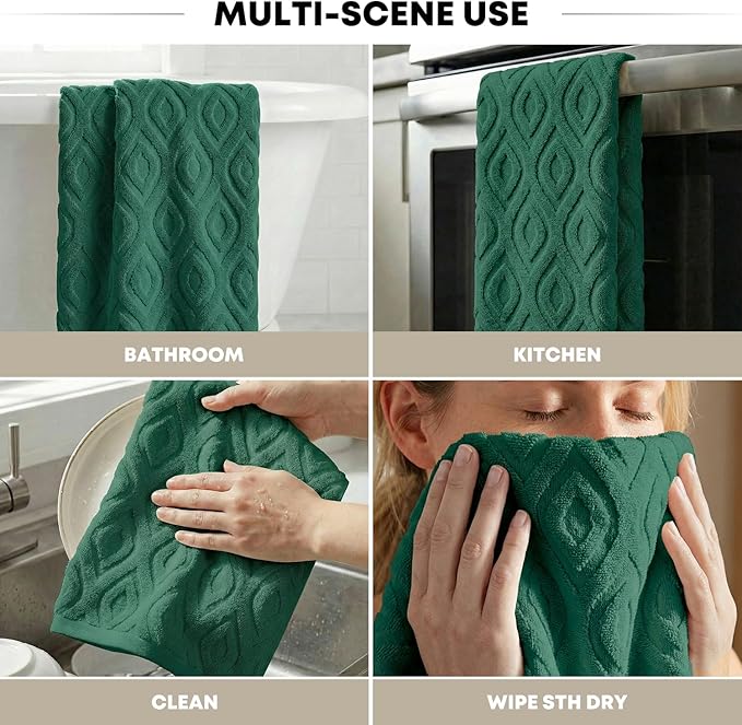 Artoid Mode 2 Pcs Dark Green 3D Diamond Grid Jacquard Hand Towels