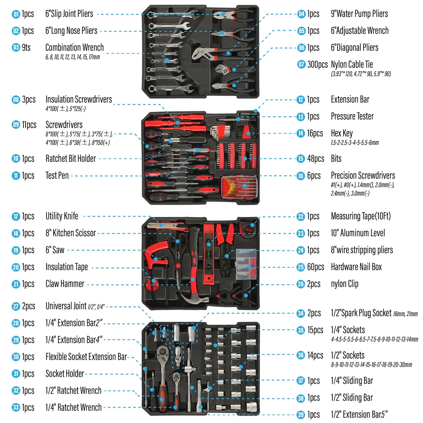 Tool Kit, Aluminum Trolley Case Tool Set for Men, 515 PCS General Household Tool Kit with 4-Drawer for Home Repair, Car, Garage, Maintenance, Auto Repair Toolbox with Wheel