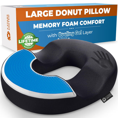 5 STARS UNITED Donut Pillow Hemorrhoid Tailbone Cushion – Large Cushion for Pain Relief – Coccyx, Prostate, Sciatica, Pelvic Floor, Pressure Sores, Pregnancy, Postpartum Recovery, Black