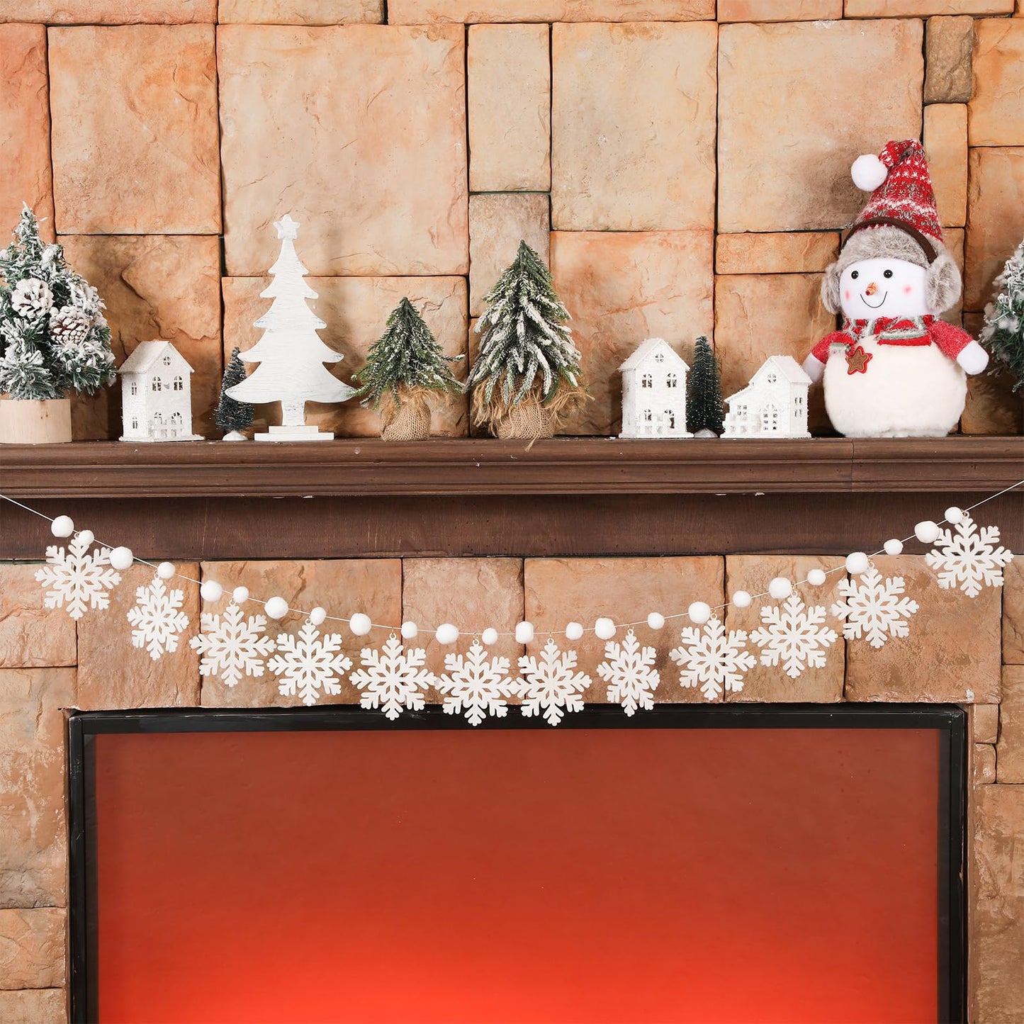 VioraWhite Christmas Decorations Felt Snowflake Banner Winter Pom Pom Hanging Garland Christmas White Snowflake Snow Ball String Banner for Winter Xmas Party Fireplace Mantle Decor