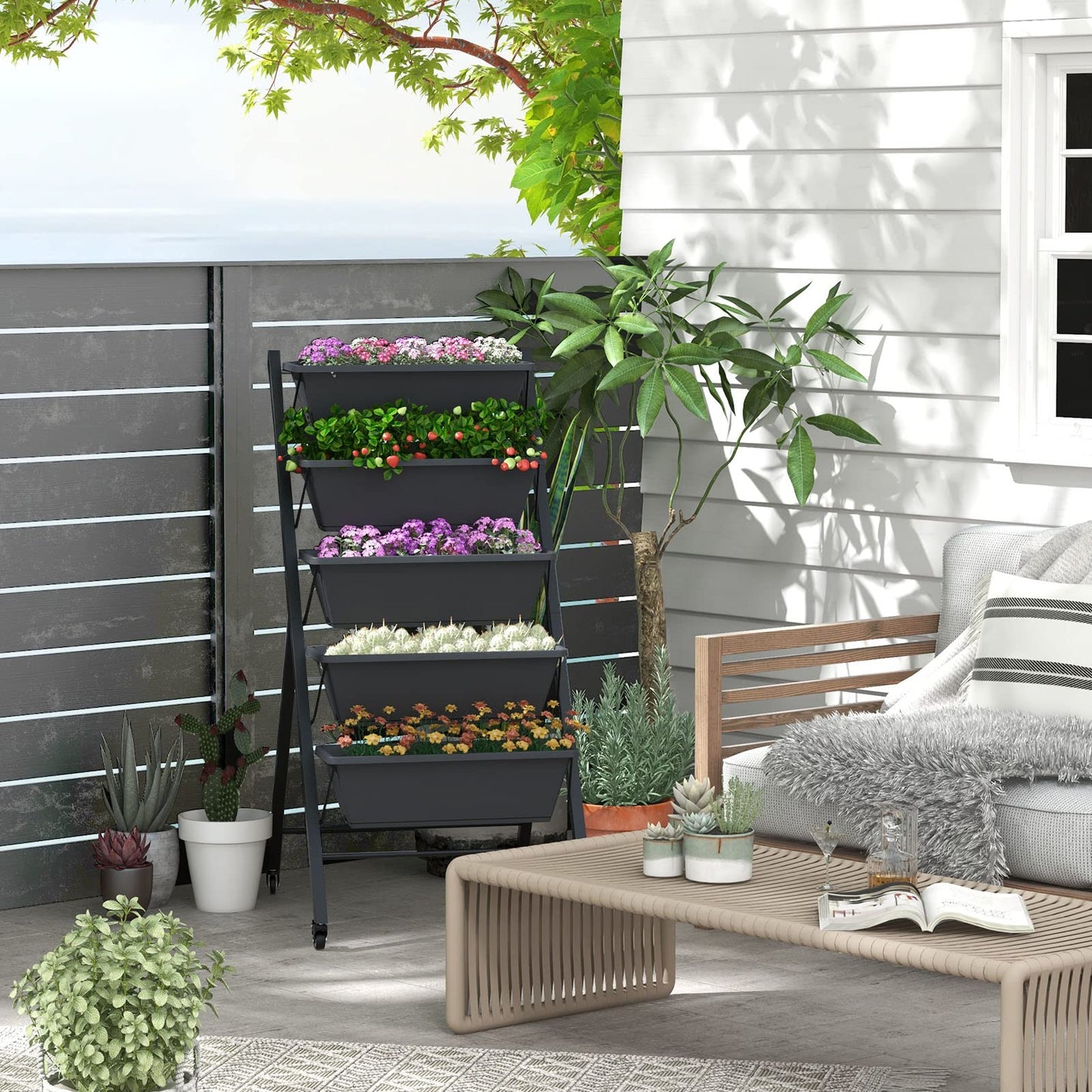 S AFSTAR 5-Tier Vertical Garden Planter, Raised Garden Bed with 2 Lockable Wheels, 7 Removable Planter Boxes, Metal Frame, Indoor Outdoor Elevated Planting Box for Flower Vegetables Fruit Herbs