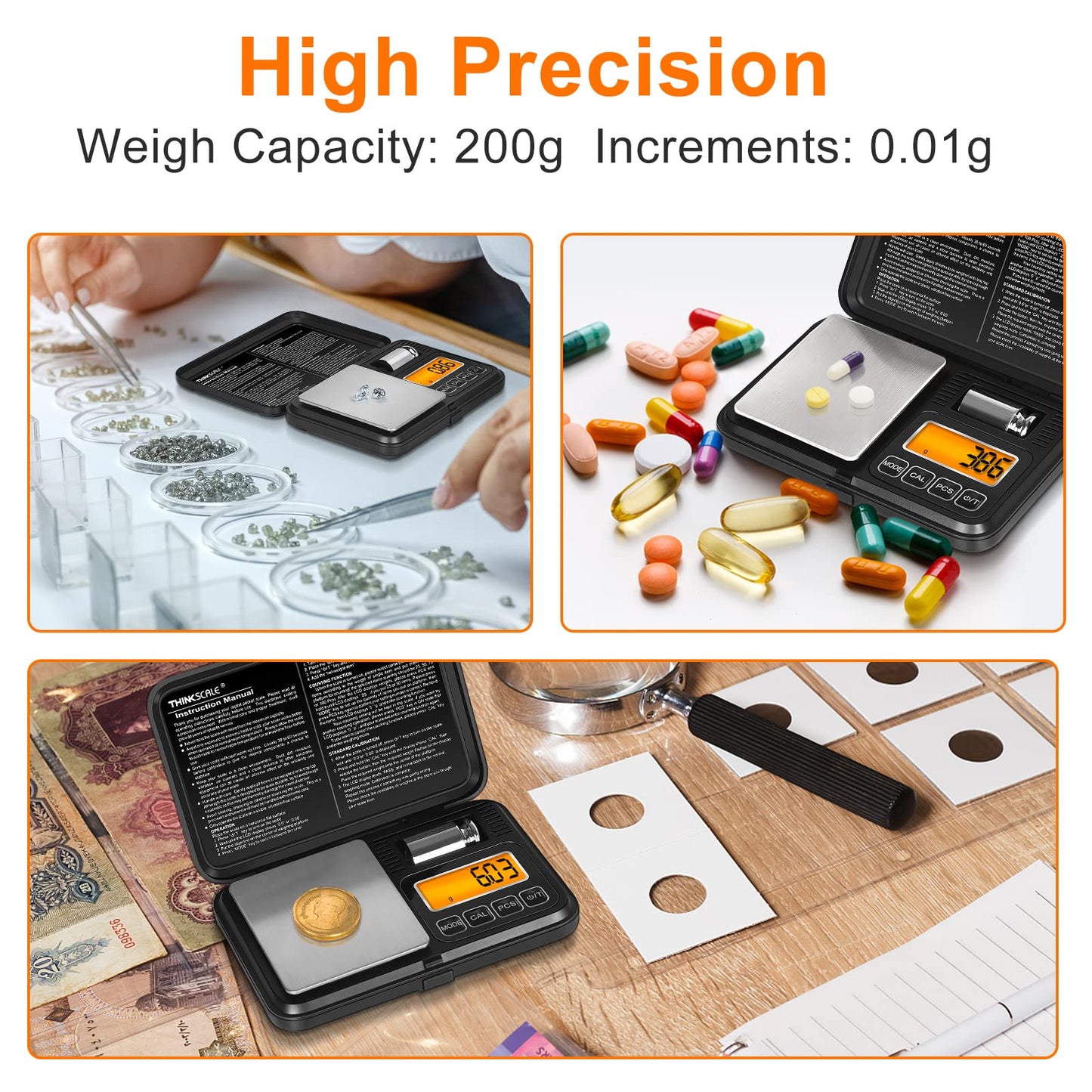 THINKSCALE Digital Pocket Scale 200g/ 0.01g, Gram Scale with LCD Backlit, Tare, Mini Scale 6 Modes, Small Scales Digital Gram and Oz for Jewelry, Powder, Herbs, Coins, Spices, Battery Included