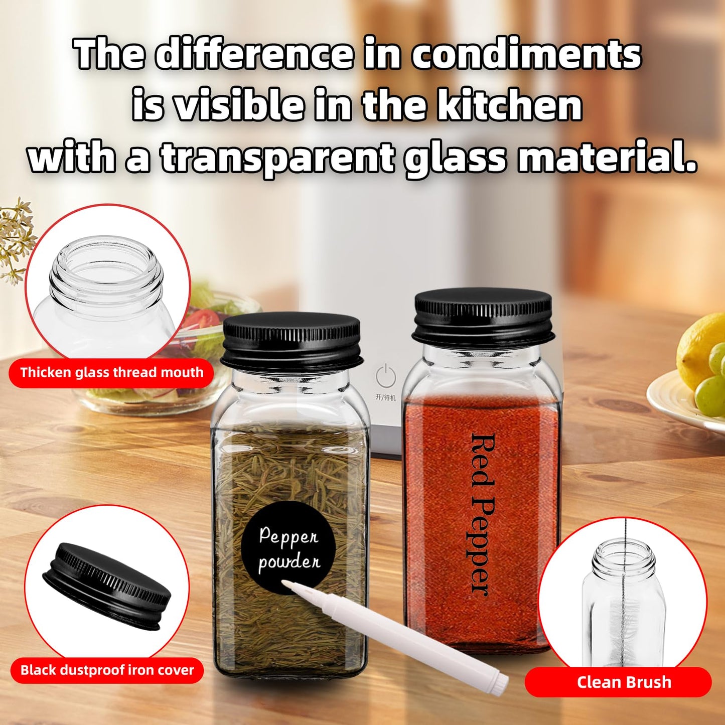 6Pcs 6 oz Square Glass Spice Jars with Label, Empty Spice Containers with Black iron Lids, Square Seasoning Containers and Supplement Set, Small Seasoning Bottles for Salt, Herbs, Sugar, Pepper (6)