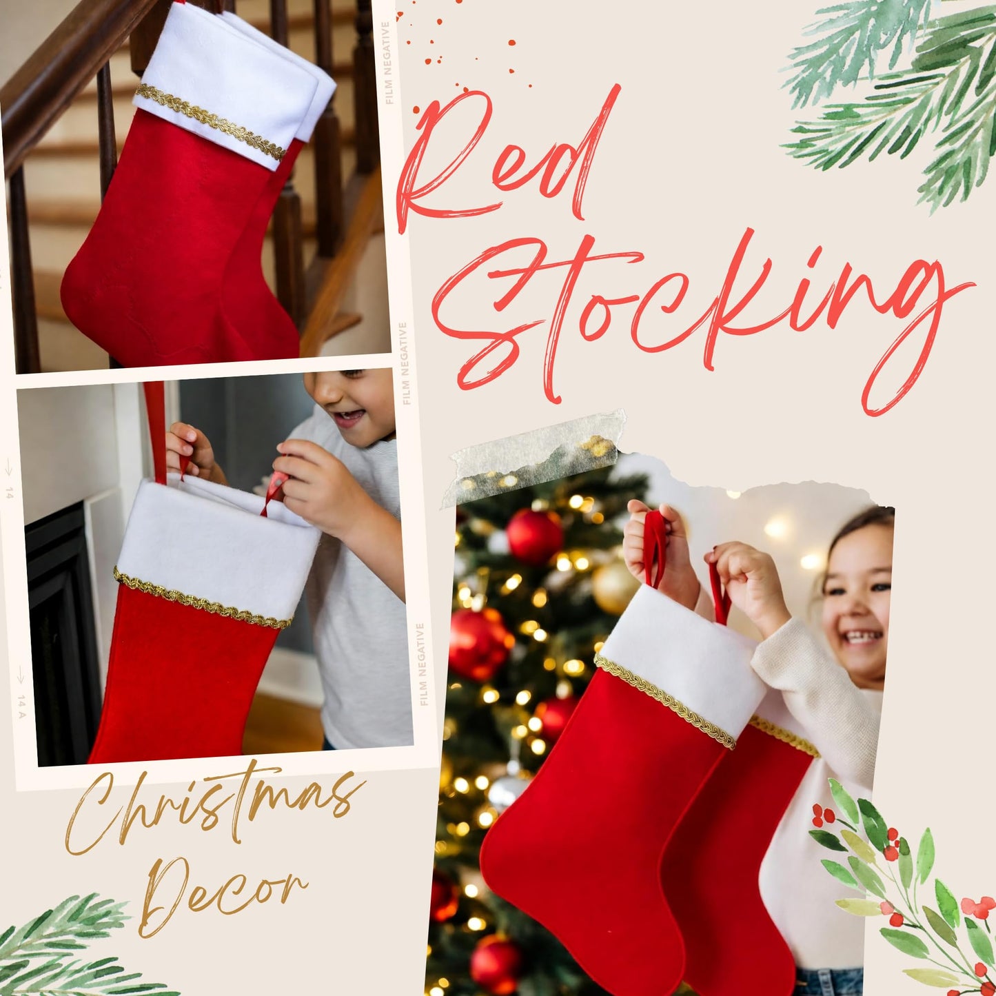 Iconikal 6-Pack Felt Christmas Stocking, White & Red with Gold Trim, 18-Inch Long