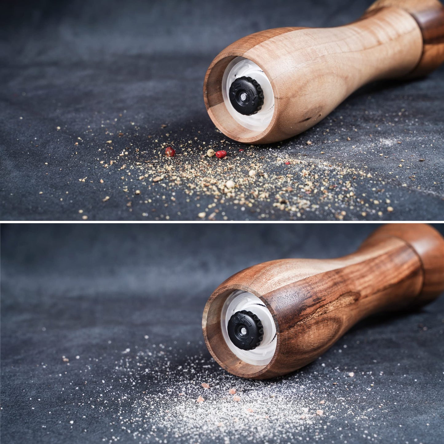 DeroTeno Pepper Mill, Pepper Grinder, Adjustable Ceramic Grinder for Both Pepper and Salt, Acacia Wood, Height 20.5 cm / 8 inch, Dia 6 cm(Tray is NOT Included)