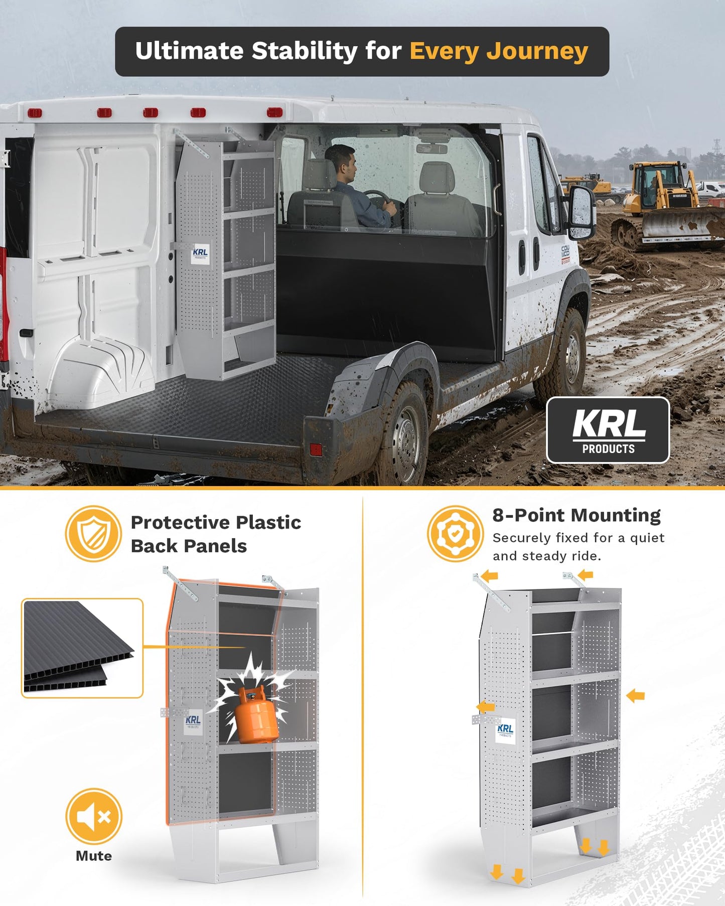 KRL PRODUCTS SV-3260 Steel Mid/High Roof Van Shelving Storage System Fits Transit, NV, Promaster and Sprinter, Van Shelving Units, 32''W * 60''H * 13''D