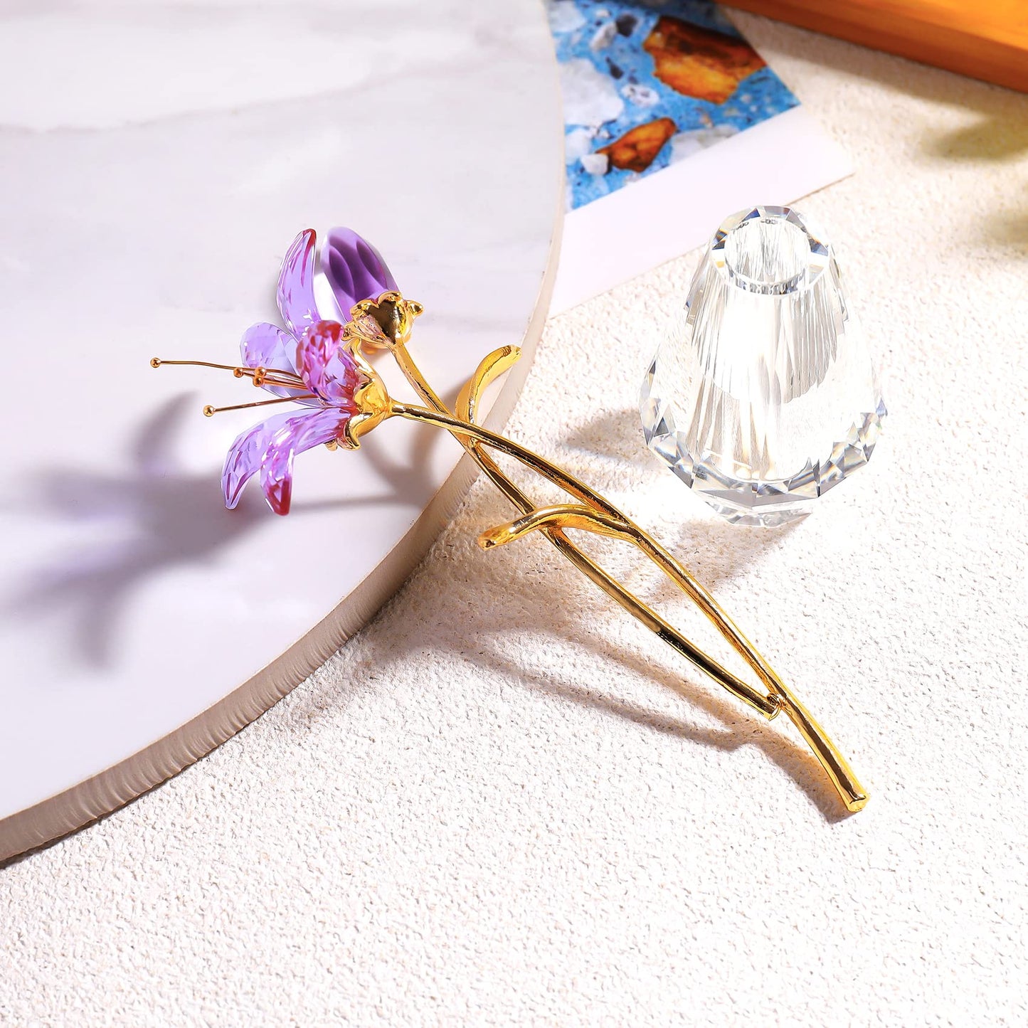 Crystal Tiger Lily Flowers with Crystal Vase, Purple