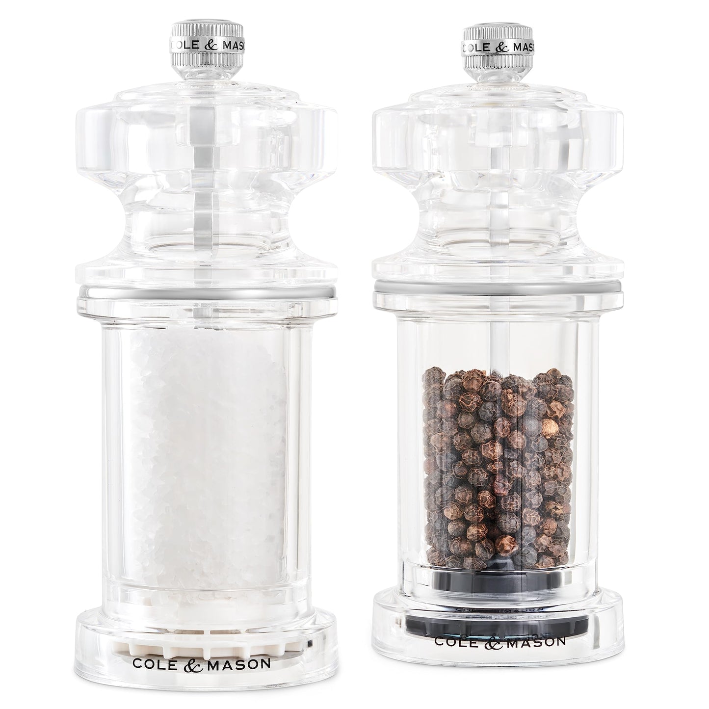 Cole & Mason 605 Refillable Spice Mill - Kitchen & Home Accessory - Salt & Pepper Grinder Set - Salt & Peppercorn Included - Acrylic - New Salt & Pepper Set 5.5"