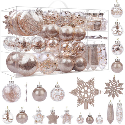 SHareconn 86PCS Christmas Tree Ornaments Clear Set,Shatterproof and Clear Plastic Baubles for Xmas Tree Decor, Holiday Wedding Party Decoration,Champagne