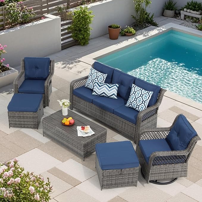 6 Pieces Wicker Patio Furniture Set Conversations Sets, 2 Outdoor 360° Swivel