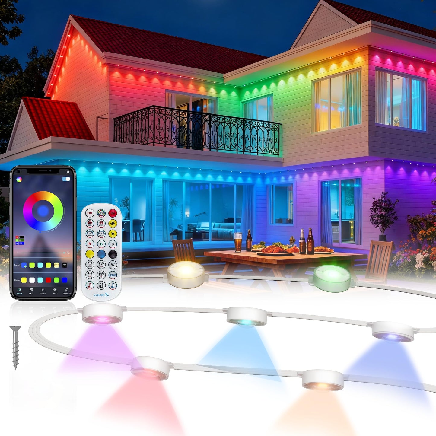 Permanent Outdoor Lights Pro, 100ft with 60 RGB+IC LED Lights for House, 75 Scene Modes,IP68 Waterproof Eave lights Compatible with Alexa, Google Assistant for Halloween Christmas Outdoor Daily Decor