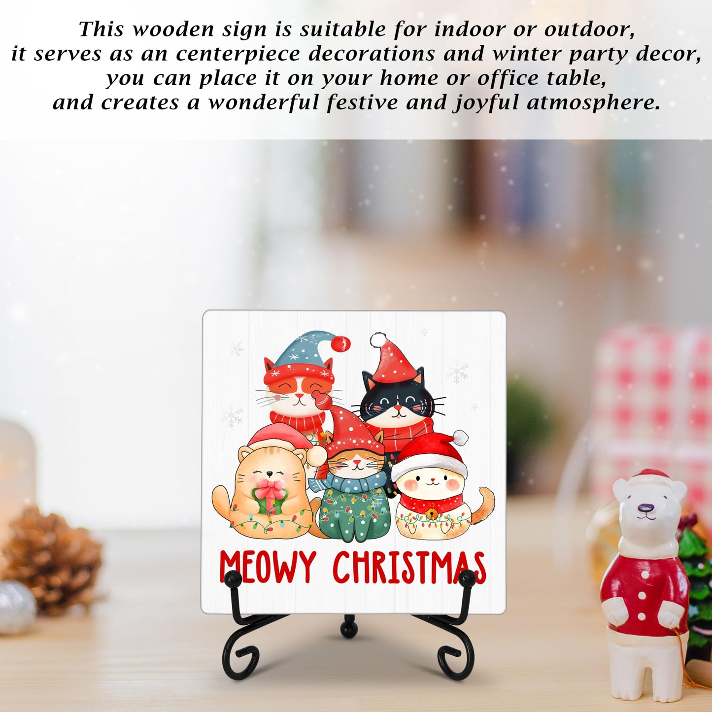 Cazhes Cute Christmas Cat Wooden Decor, Meowy Christmas Decorations for Home Bedroom, 5x5 Inches Xmas Sign with Iron Stand, Cat Lover Birthday New Year Gifts-G10