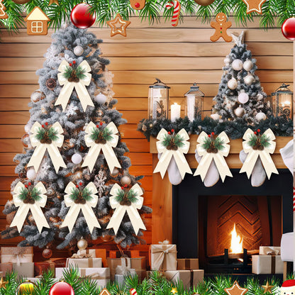 Syhood 6 Pcs Christmas Velvet Bow with Pine Cones Pine Needles Berries Xmas Champagne Ribbon Bow Ornaments 6.3 x 5.1 Inch for Christmas Tree Wreath Garden Fireplace Crafts DIY Decor