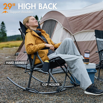 Portal Oversized Folding Rocking Camping Chair for Adults, Portable & Foldable Outdoor Lawn Rocker Chairs with High Back Hard Armrests Carry Bag for Outside, Camp, Patio, Supports 400lbs, Grey&Black