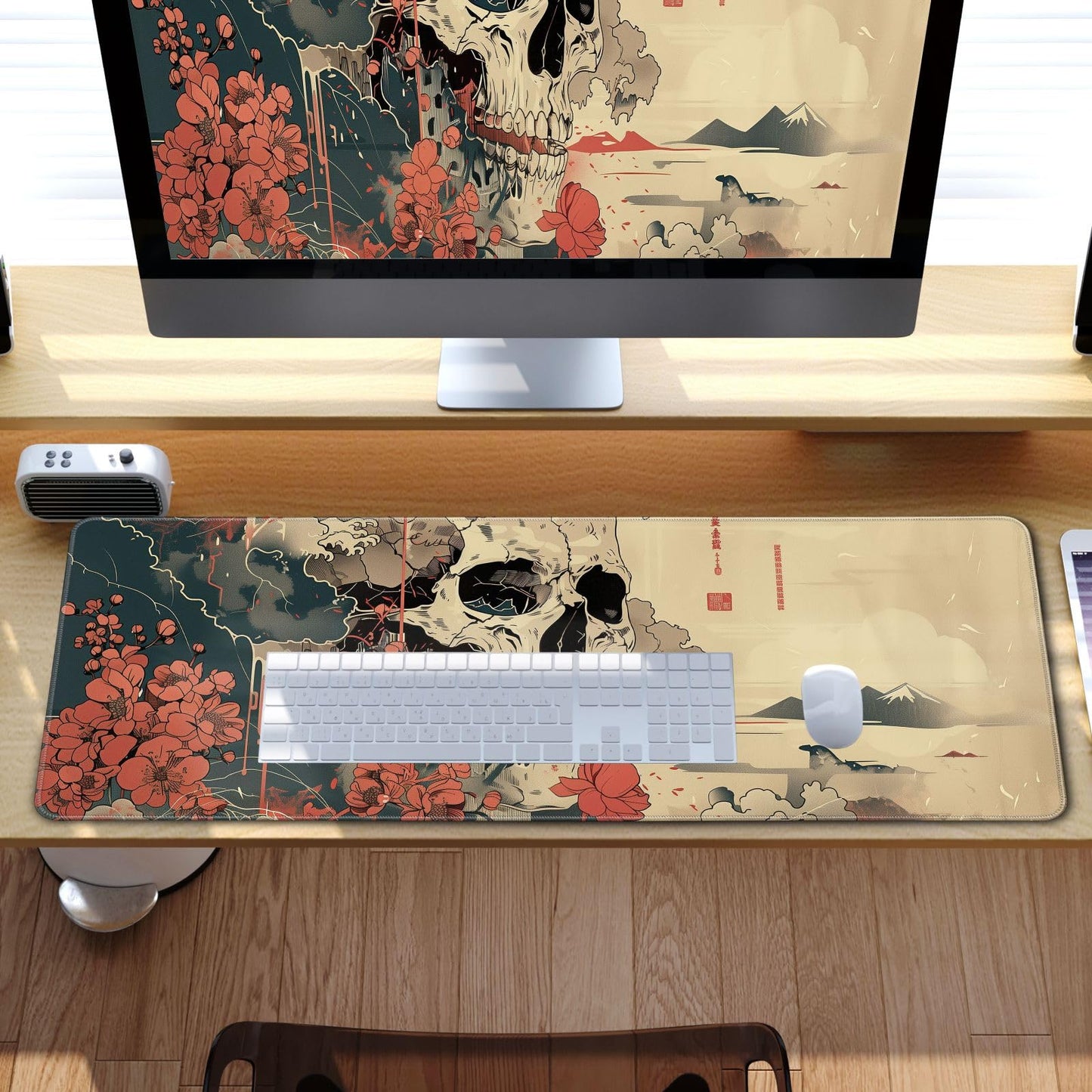 Skull Mouse Pad Japanese Ukiyo-e Mouse Pad XL Anime Big Mouse Pads for Desk Large Gaming Large Mouse Pad for Men Desk Pad with Stitched Edges Non-Slip Large Computer Mat, 31.5x11.8 in