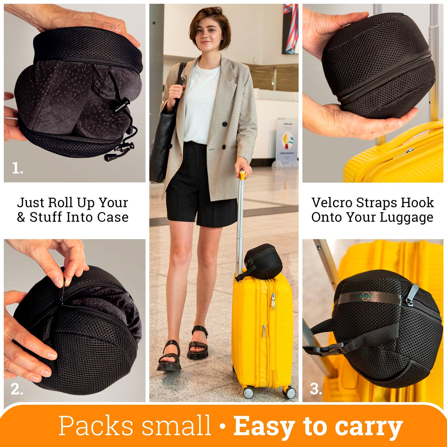 Aeris Memory Foam Travel Neck Pillow with Sleep Mask, Earplugs, Carry Bag, Adjustable Toggles and Velour Cover, Black
