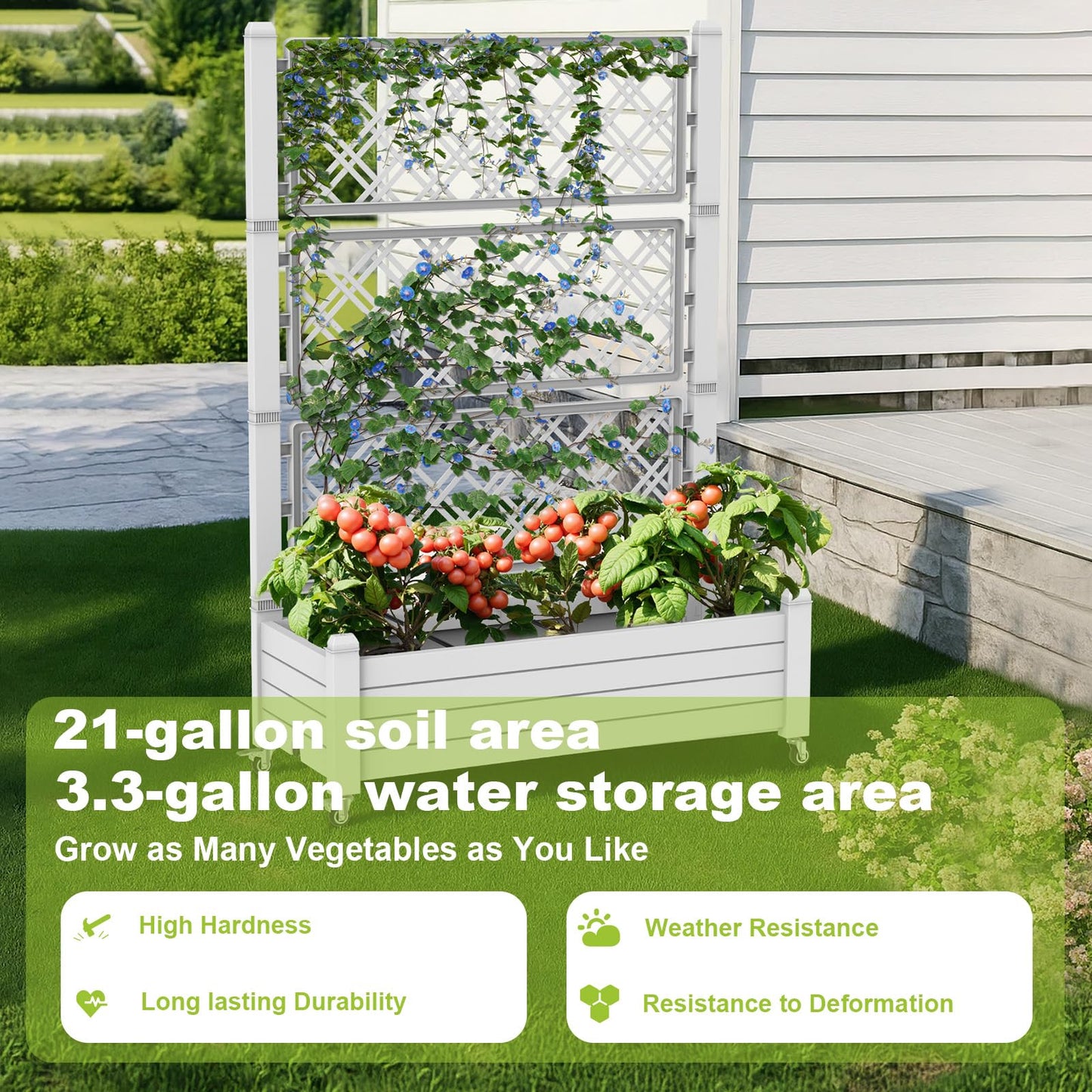 Vixzen 64" Tall Raised Garden Bed,Outdoor Large Resin Planter Box with Trellis and Drain Plug for Climbing Plants,Easy to Assemble,Water Monitor,Mobility(Ashen, 43.43"×18.27"×64.29")