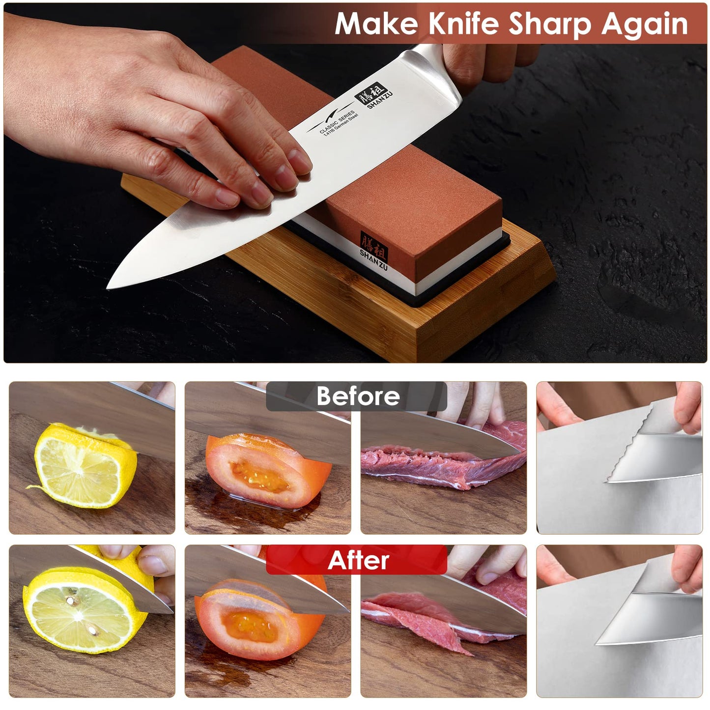 SHAN ZU Sharpening Stone, Whetstone with Angle Guide Non-Slip Bamboo Base grit 1000/6000 Knife Sharpeners, Professional 2-in-1 Wetstone