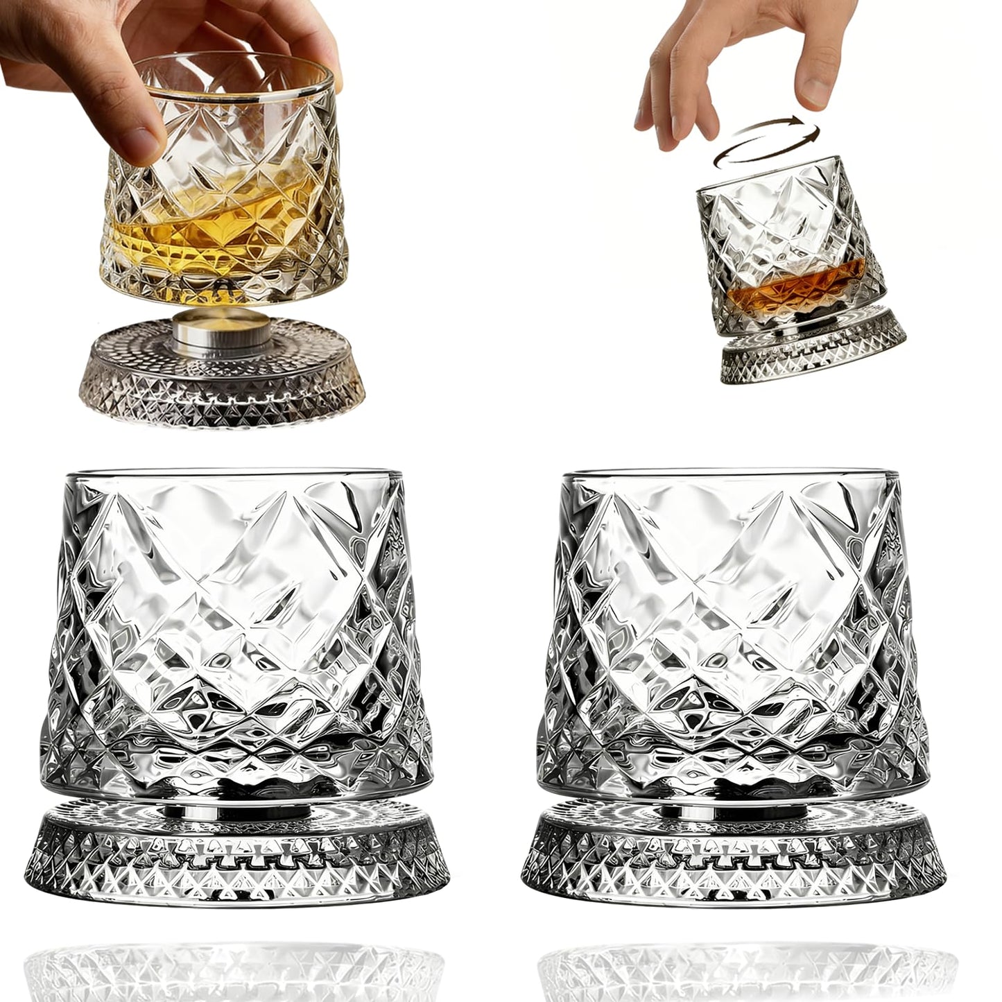 Spinning Whiskey Glass,Set of 2 – 360° Rotating Crystal Whiskey Tumblers with Heavy Base,Lead-Free Premium Glass for Bourbon & Scotch,Unique Gift for Men(A)