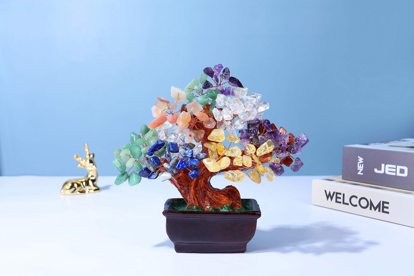 Jovivi Natural 7 Chakra Gemstone Crystal Money Tree Resin Base Bonsai Feng Shui Decorations for Wealth and Luck 6.3"-6.7"