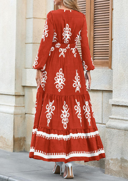 PRETTYGARDEN Women's 2025 Fall Wedding Guest Dresses Boho Floral Long Sleeve V Neck Flowy Elegant Maxi Dress Beach Clothes