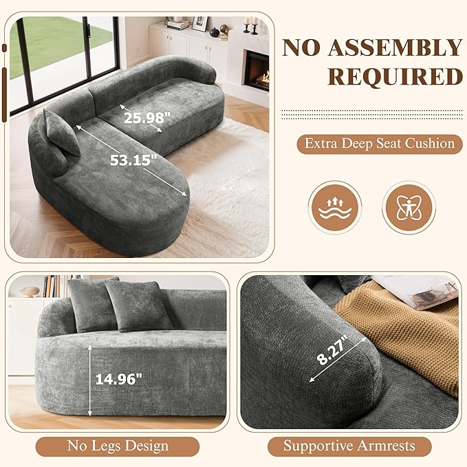 99" Curved Sectional Sofa with Chaise, Modern Boneless Couch with Deep Seat