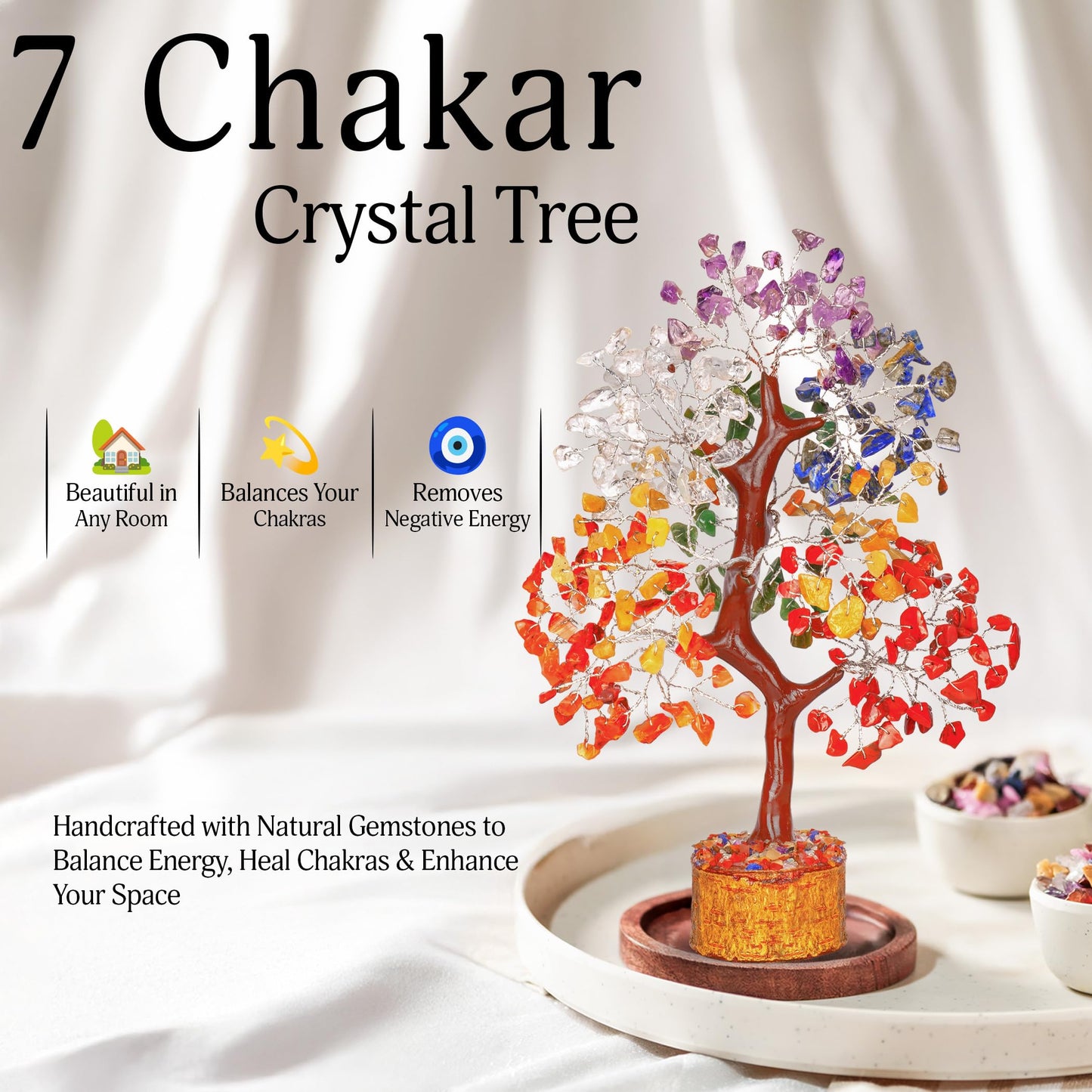 Crystal Chakra Tree for Reiki Healing - Premium Meditation Decor - Seven Chakra Tree Wrapped On Silver Wires - Feng Shui Bonsai Money Tree of Life Decor Home Office Crystal Gifts