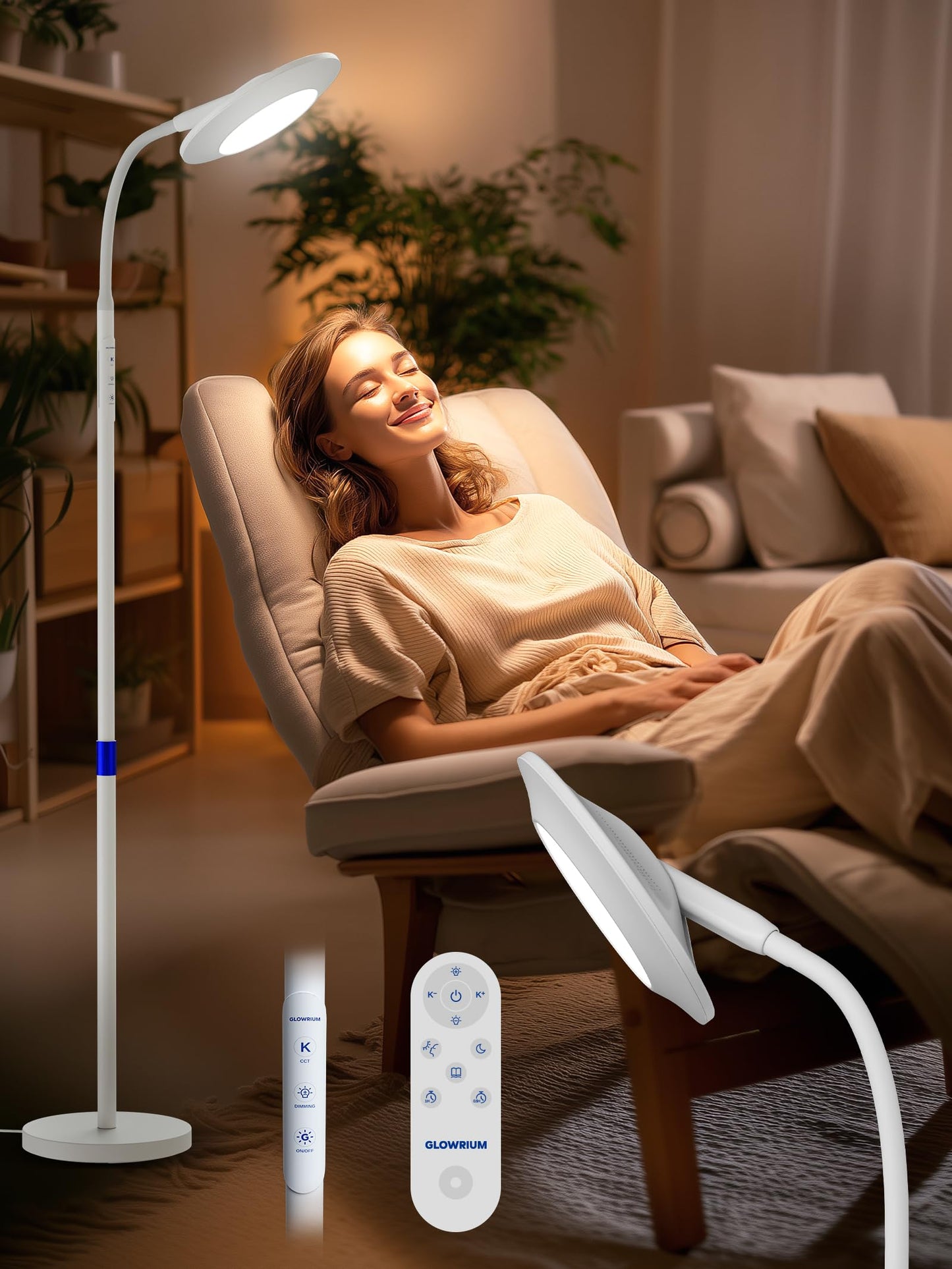 48000 LUX UV-Free Sunlight Lamp, 36W Bright LED Floor Lamp, Full Spectrum Sun Lamp, 7 Brightness Levels 4 Color Temps with Remote, Adjustable Height Reading Floor Lamp for Living Room Bedroom Office