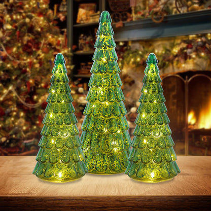 PHITRIC Christmas Decorations Indoor, 3 pcs Sparkling Glass Christmas Tree with LED Lights and Timer, Tabletop Christmas Tree Decor, Xmas Tree Decorations for Living Room, Fireplace, Table, Home