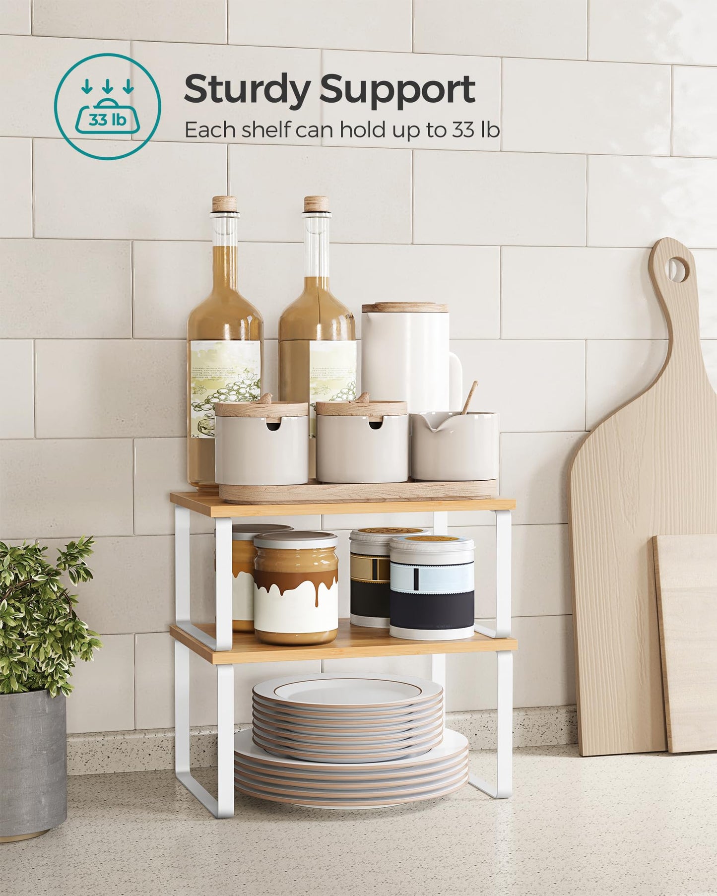 SONGMICS Cabinet Organizer Shelf, Set of 2 Kitchen Counter Shelves, Kitchen Storage, Spice Rack, Stackable, Expandable, Metal and Engineered Wood, Ink Black and Natural Beige UKCS02NB