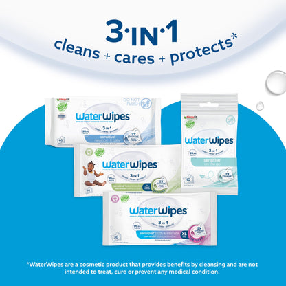 WaterWipes Sensitive+ Body & Intimate Wipes, 90 Wipes (3 Packs), 3-In-1 Cleans, Cares, Protects, 99.9% Water, Unscented & Hygiene Wet Wipes, Adult Care