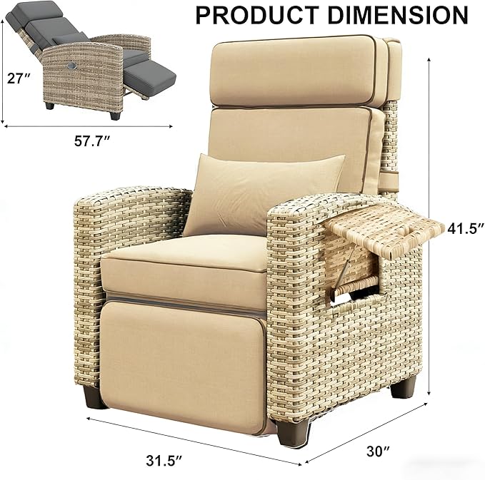 Towallmark Adjustable Rattan Recliner Chair, Patio Lounge Chairs with Cushion, Outdoor Porch Chaise with Flip Up Side Table & Footrest for Porch, Outside Balcony, Deck