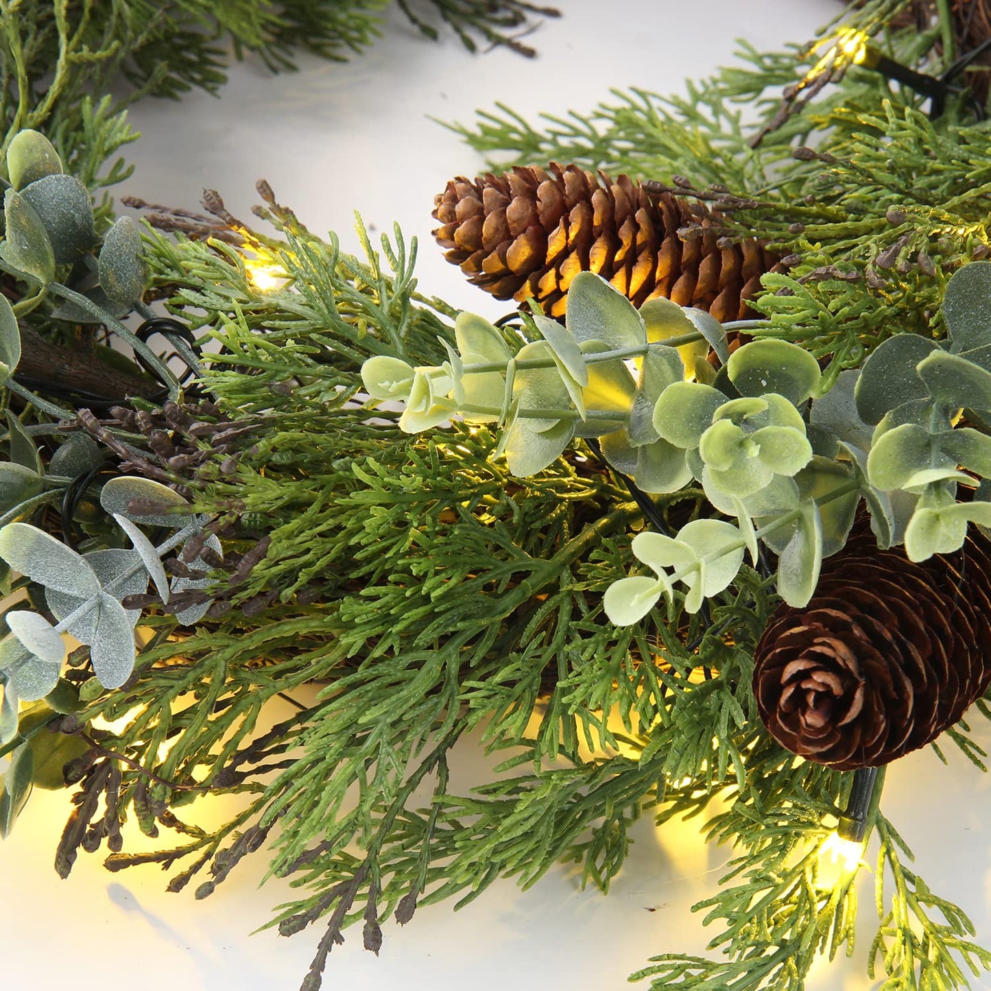 Pre Lit Christmas Wreath for Front Door Green Wreath Decorated with Pine Cones,Berry Clusters, Abundant Fit Branches 18” Lighted Christmas Wreaths for Windows Winter Wreath Hanging Wall Decor