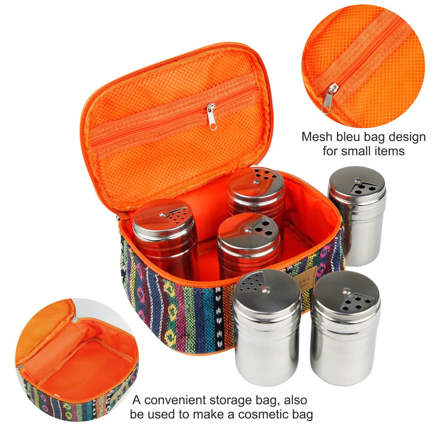 6PCS Camping Spice Kit with Travel Bag – Salt, Pepper, Sugar and Herb Shakers Set, Seasoning Container for Outdoor Cooking, Hiking, and Home Use