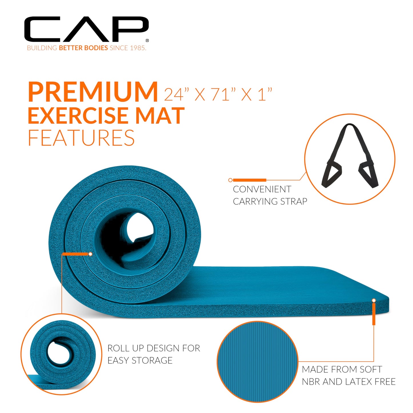 CAP Barbell 1-Inch High Density Exercise Yoga Mat with Strap | Multiple Colors