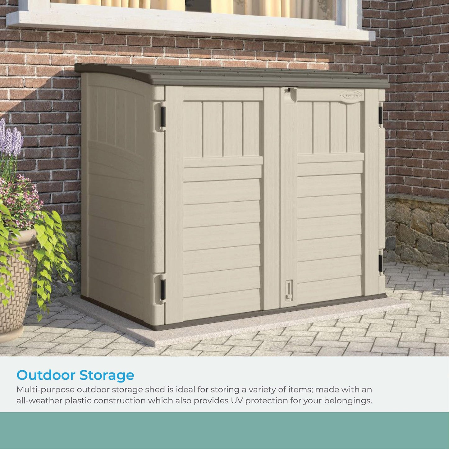 Suncast 34 Cu Ft Capacity Horizontal Outdoor Storage Shed for Garbage Cans, Garden Accessories, Backyard, and Patio Use, Vanilla