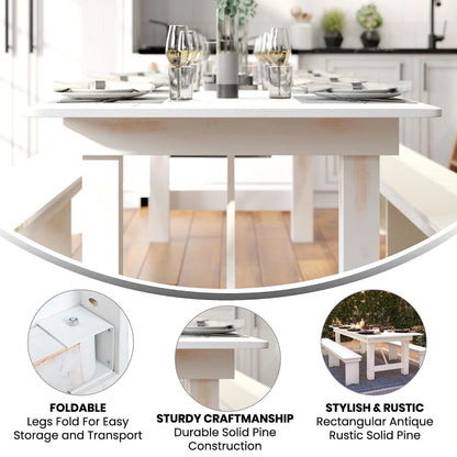 Flash Furniture Hercules Commercial Grade Farmhouse Dining Table | Solid Pine Foldable Table for 10 in Antique Rustic White | Rustic Charm for Home and Events