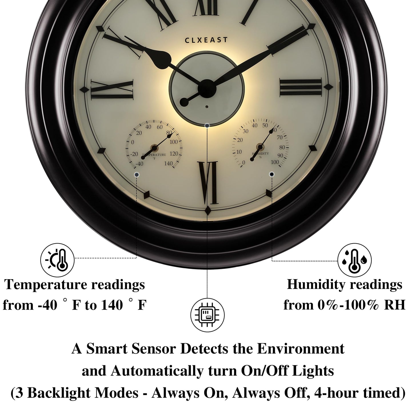 CLXEAST Illuminated Outdoor Indoor Metal Clocks Waterproof 24 inch, Oil Rubbed Bronze Black,Oversized Large Outdoor Roman Numeral Wall Clock with Thermometer & Hygrometer