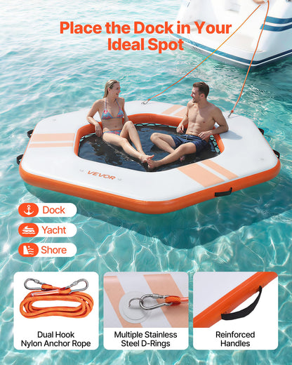 VEVOR Inflatable Floating Dock, 8.5x8.5 FT Inflatable Dock Platform, Non-Slip Water Mat with Portable Carrying Bag & Detachable Ladder, Floating Water Platform Island Raft for Pool Beach Ocean, Orange