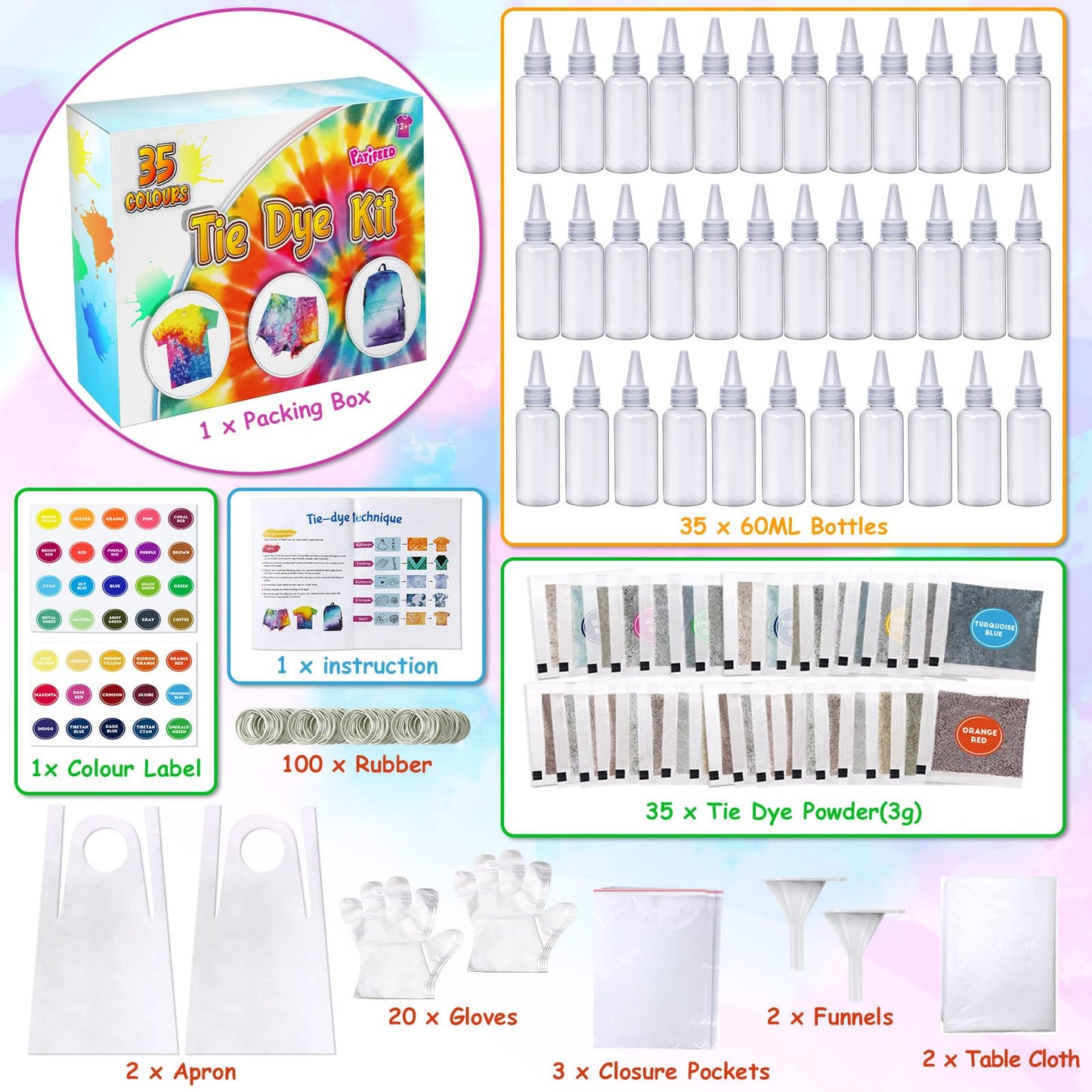 PATIFEED Tie Dye Kit for Kids, 35 Colours Tie-Dye Set, Tye Dye Kit for Clothes, Games & Activities, Ideal Art and Craft Kit for Kids and Adults