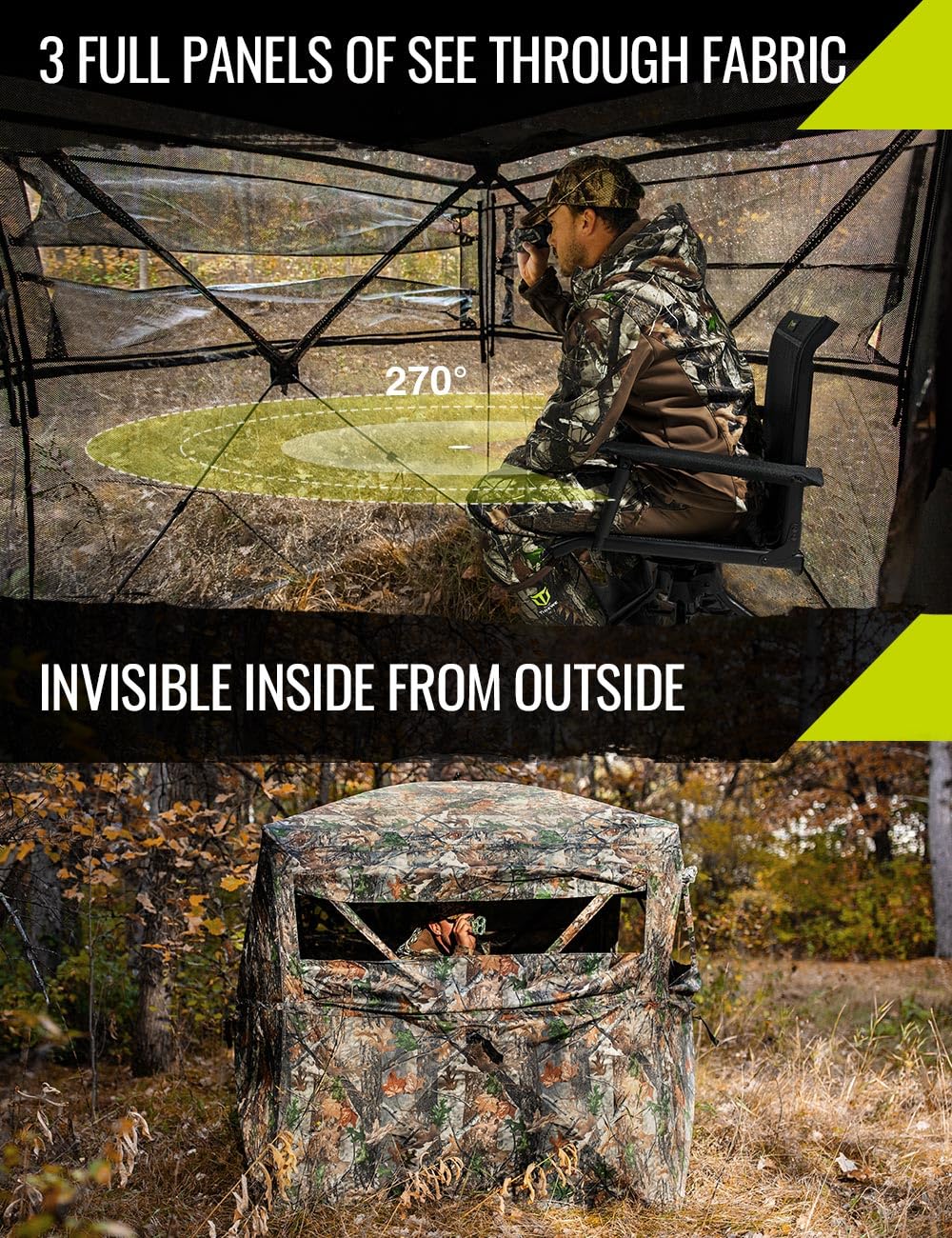 TIDEWE Hunting Blind 270°See Through with Carrying Bag for Turkey Hunting, Pop Up Ground Blinds, Portable Resilient Hunting Tent (2-3 Person)
