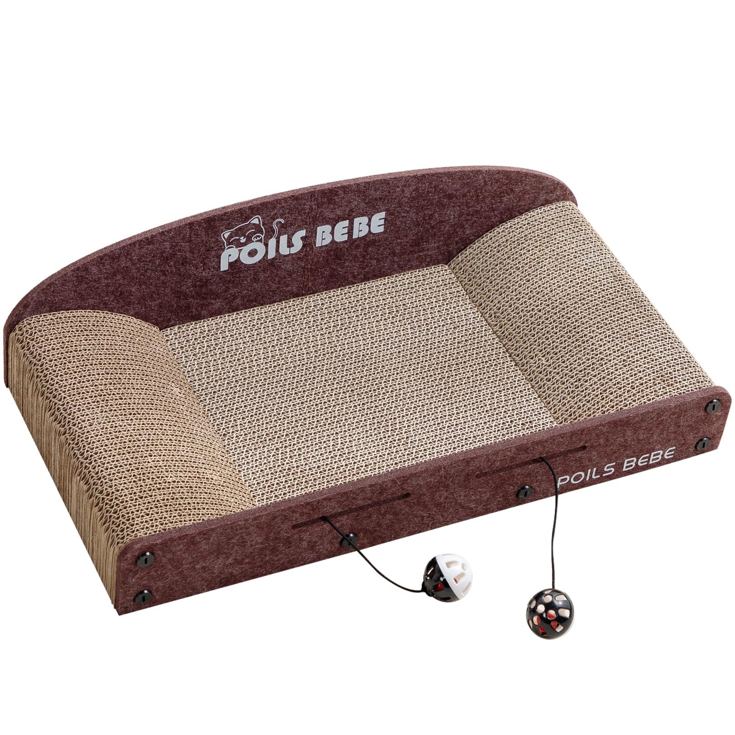 Poils Bebe 21 Inch Sofa Cat Scratcher, Small Cat Scratcher Cardboard with Bell Balls, Durable Couch Lounger for Indoor Cats, Cat Scratch Furniture Protector with Catnip, Cat Toys